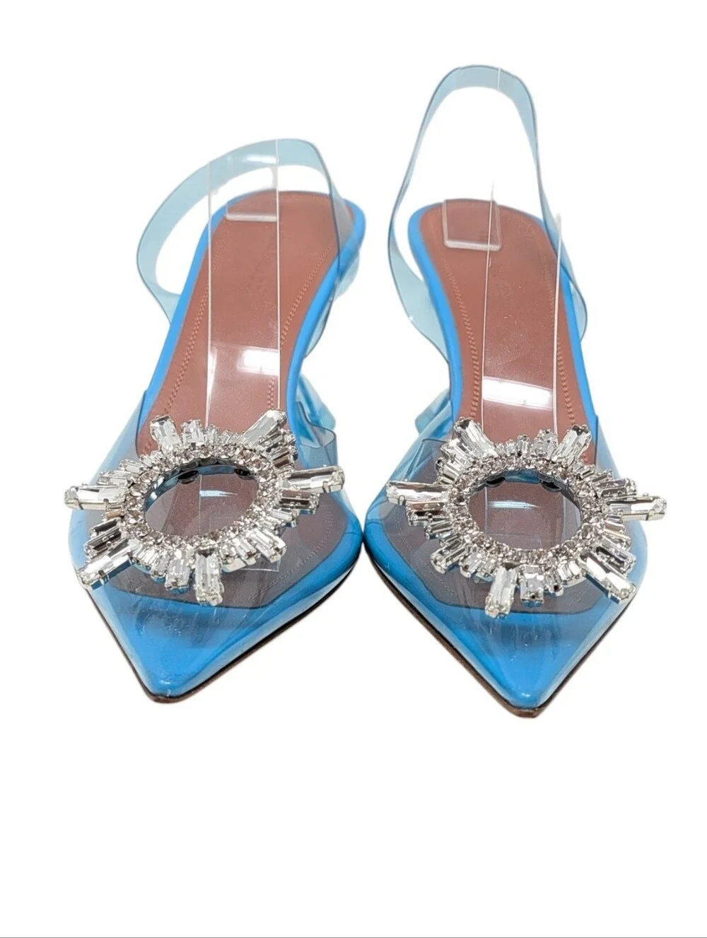 Amina Muaddi Begum PVC Plexi Glass Slingback Sky Blue 70mm Heel Size EU 39
